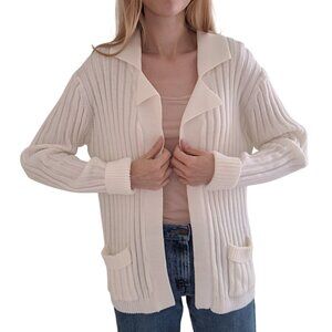 60/70s White Rib Knit GIMBELS Sherwood Womens Collared Cardigan Pockets med/larg